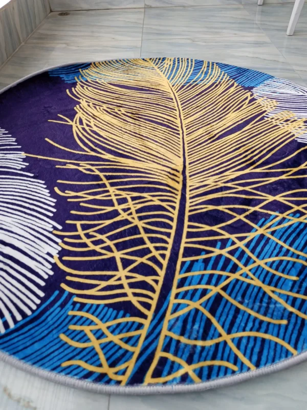 Elegant Navy & Gold Feather Round Rug – Nature-Inspired for Modern Spaces - Image 5