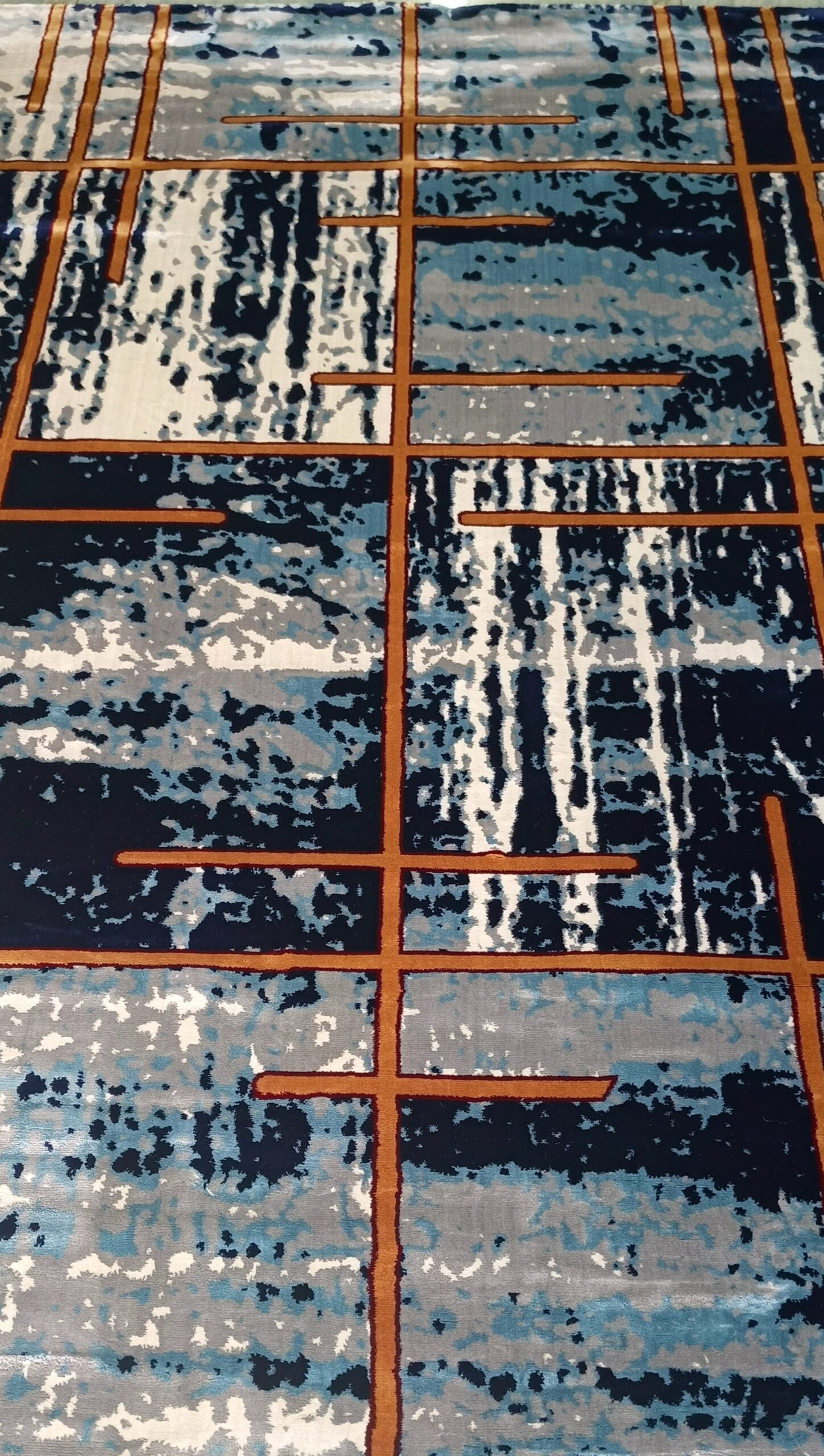 Urban Grid Navy Rug – Modern Geometric Lines with Orange Accents