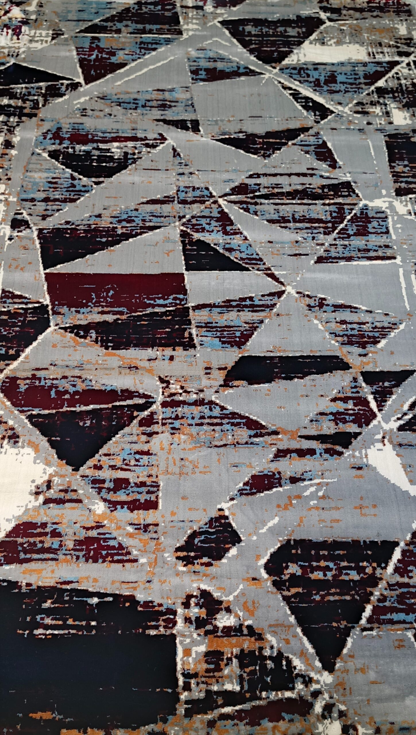 Crimson Prism Rug – Red, Grey & Navy Abstract Triangles