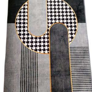 Modern Black & White Monochrome Rug – Geometric Design with Gold Accents