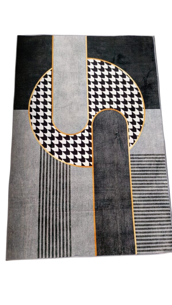 Modern Black & White Monochrome Rug – Geometric Design with Gold Accents