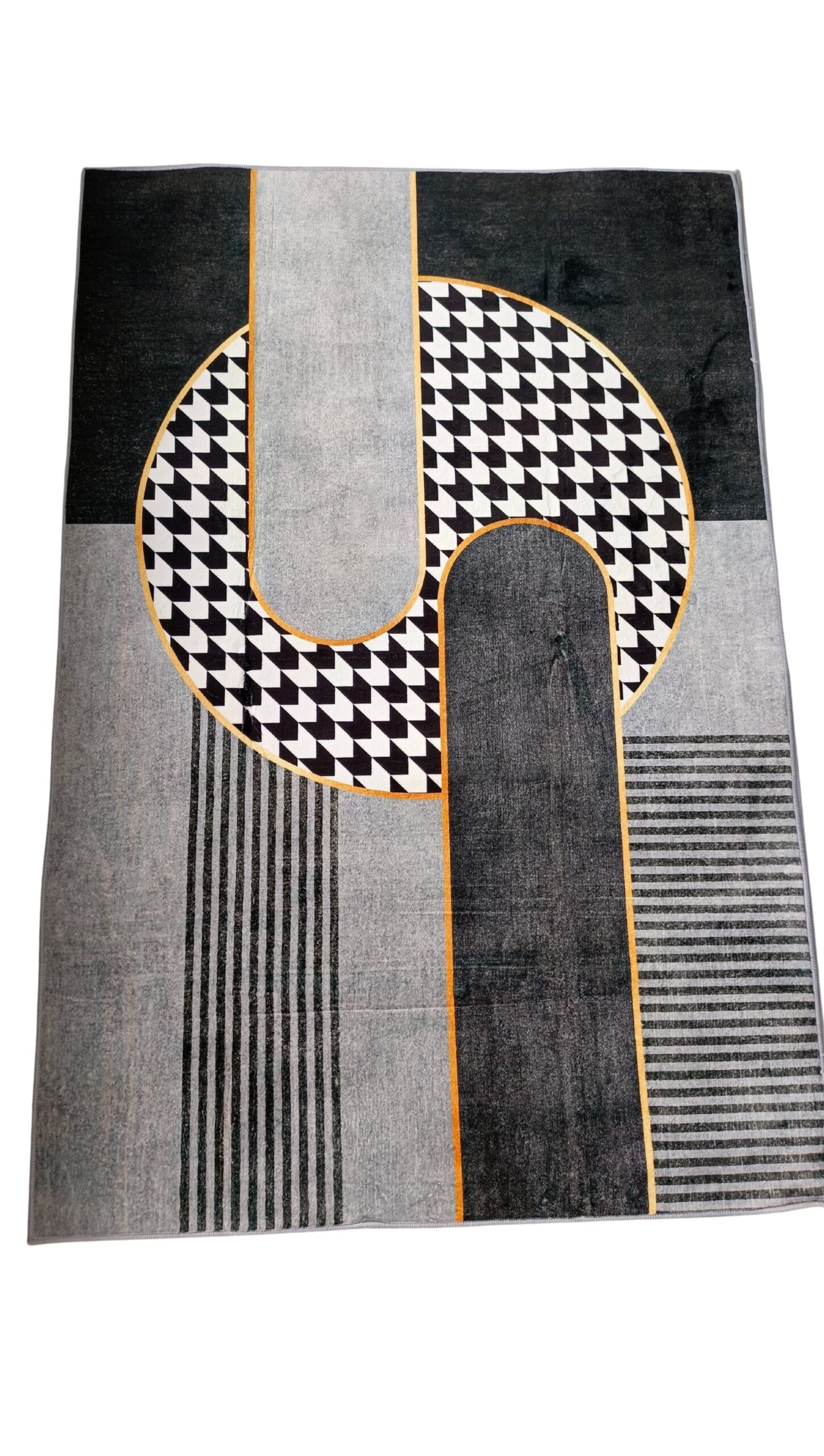 Modern Black & White Monochrome Rug – Geometric Design with Gold Accents