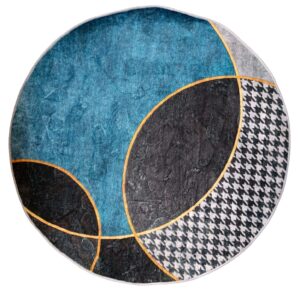 Modern Grey & Blue Round Rug – Geometric Art with Contemporary Gold Accents