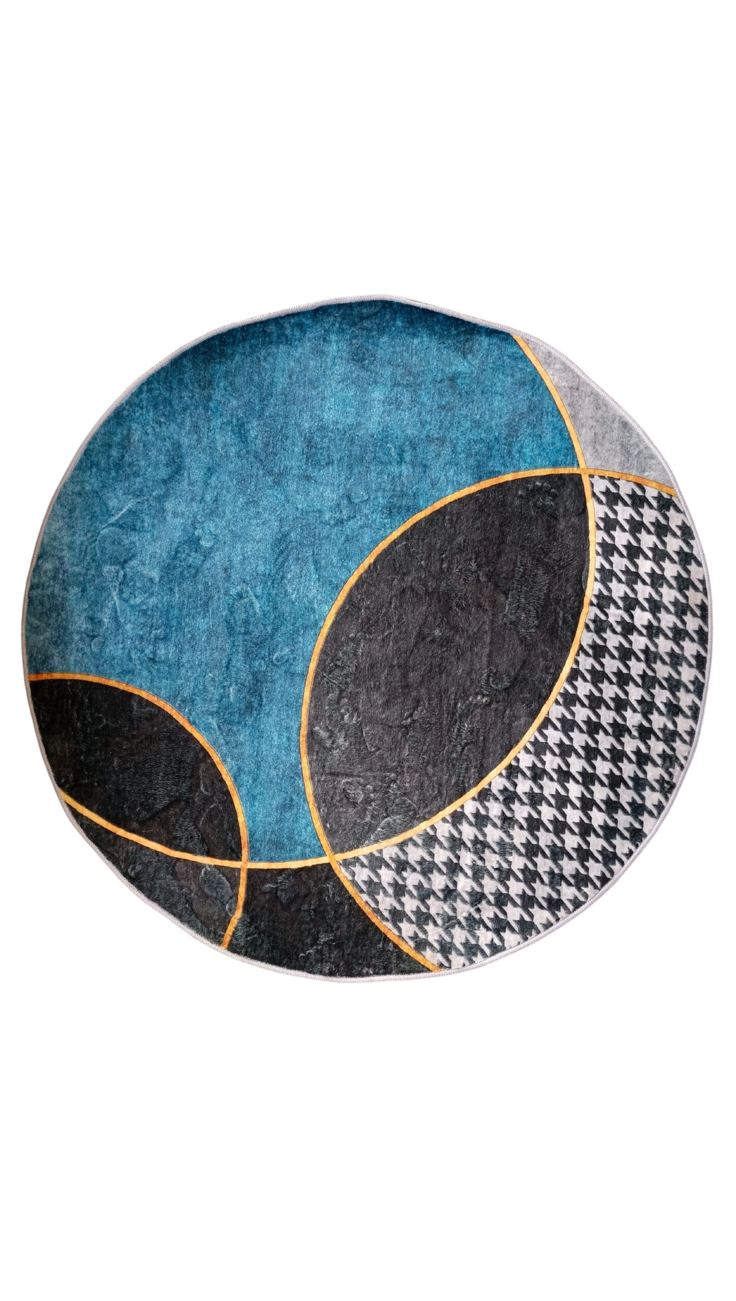 Modern Grey & Blue Round Rug – Geometric Art with Contemporary Gold Accents