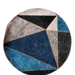 Modern Geometric Round Rug – Blue & Grey with Gold Accents