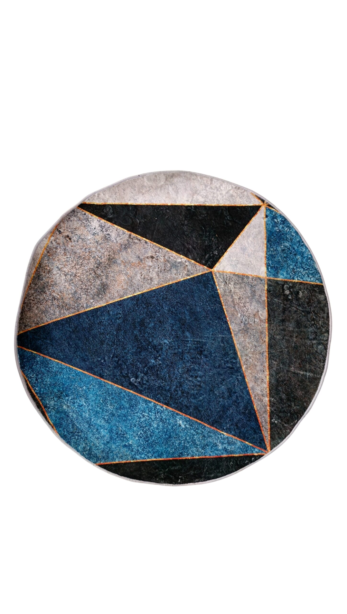 Modern Geometric Round Rug – Blue & Grey with Gold Accents