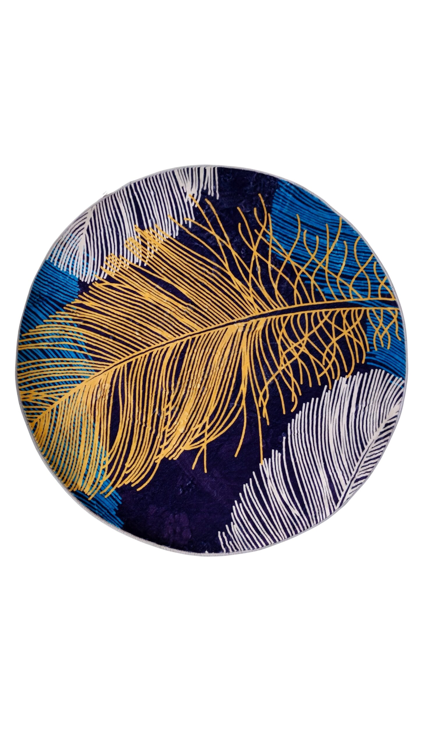Elegant Navy & Gold Feather Round Rug – Nature-Inspired for Modern Spaces