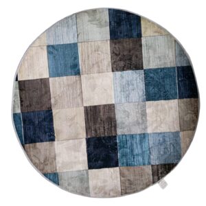 Modern Checkered Round Rug – Blue, Grey & Beige Patchwork Floor Mat
