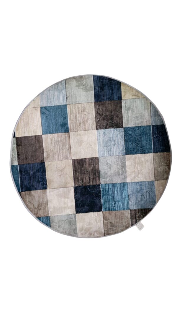 Modern Checkered Round Rug – Blue, Grey & Beige Patchwork Floor Mat