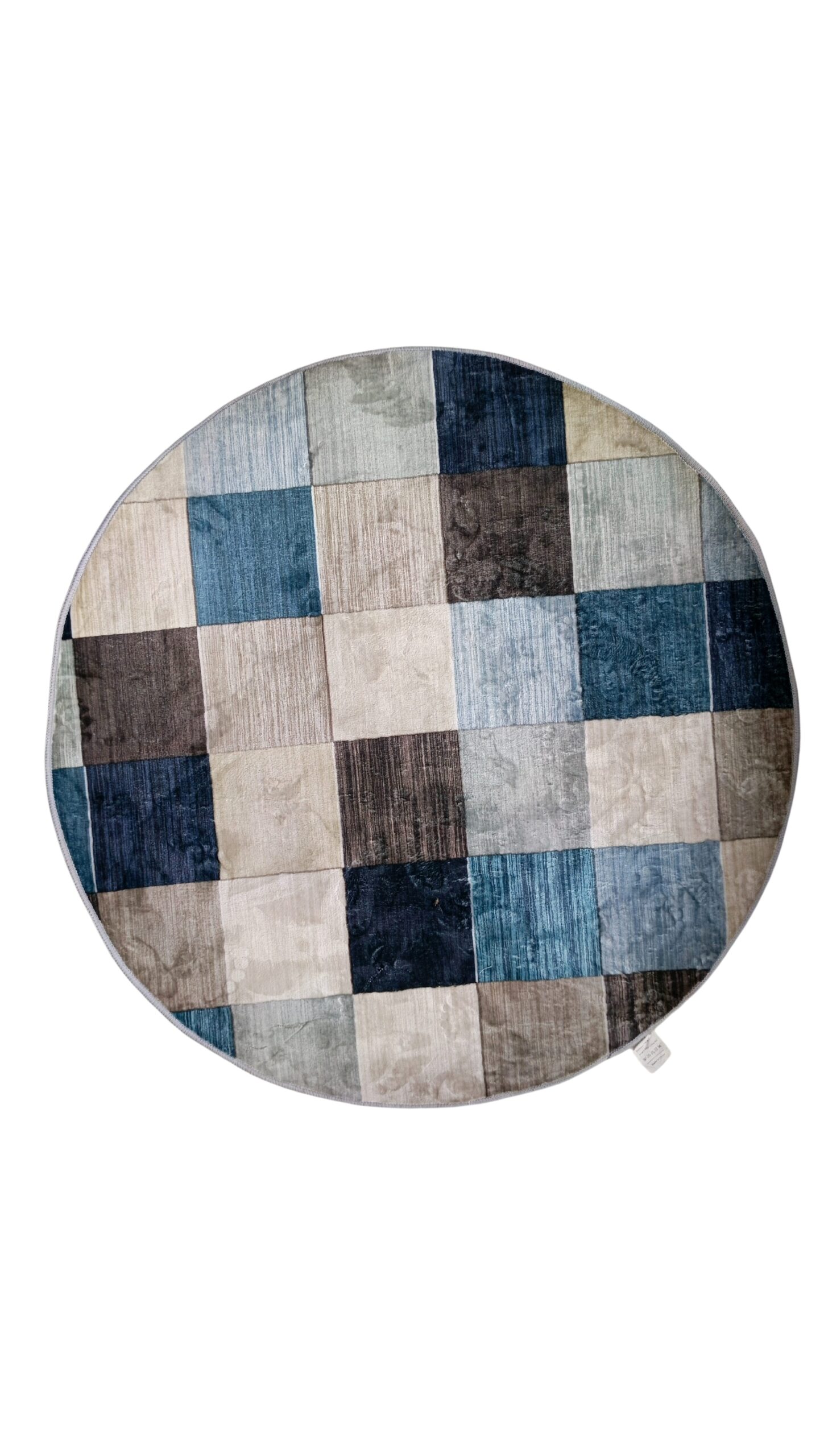 Modern Checkered Round Rug – Blue, Grey & Beige Patchwork Floor Mat