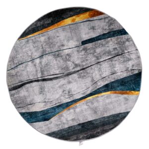 Modern Abstract Round Rug – Grey, Blue & Gold Wave Design Floor Mat