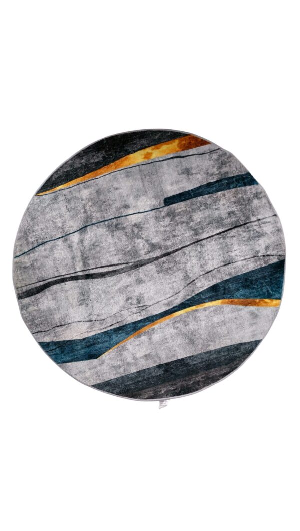 Modern Abstract Round Rug – Grey, Blue & Gold Wave Design Floor Mat