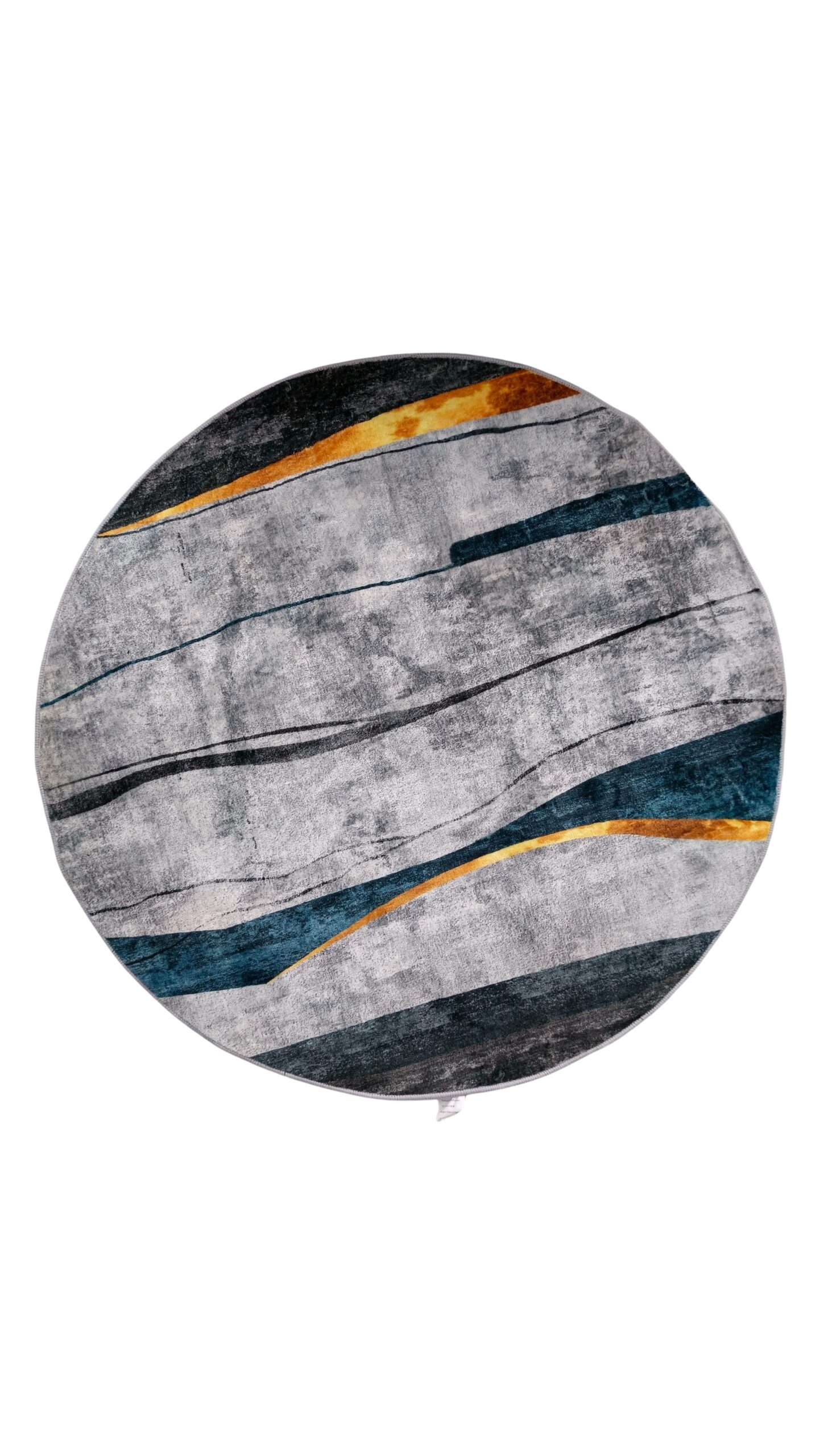 Modern Abstract Round Rug – Grey, Blue & Gold Wave Design Floor Mat