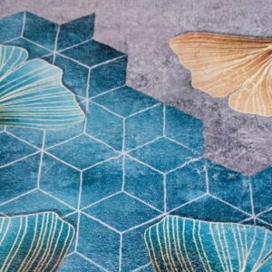 Botanic Grace - Blue & Gold Leaf Rug with Hexagon Art