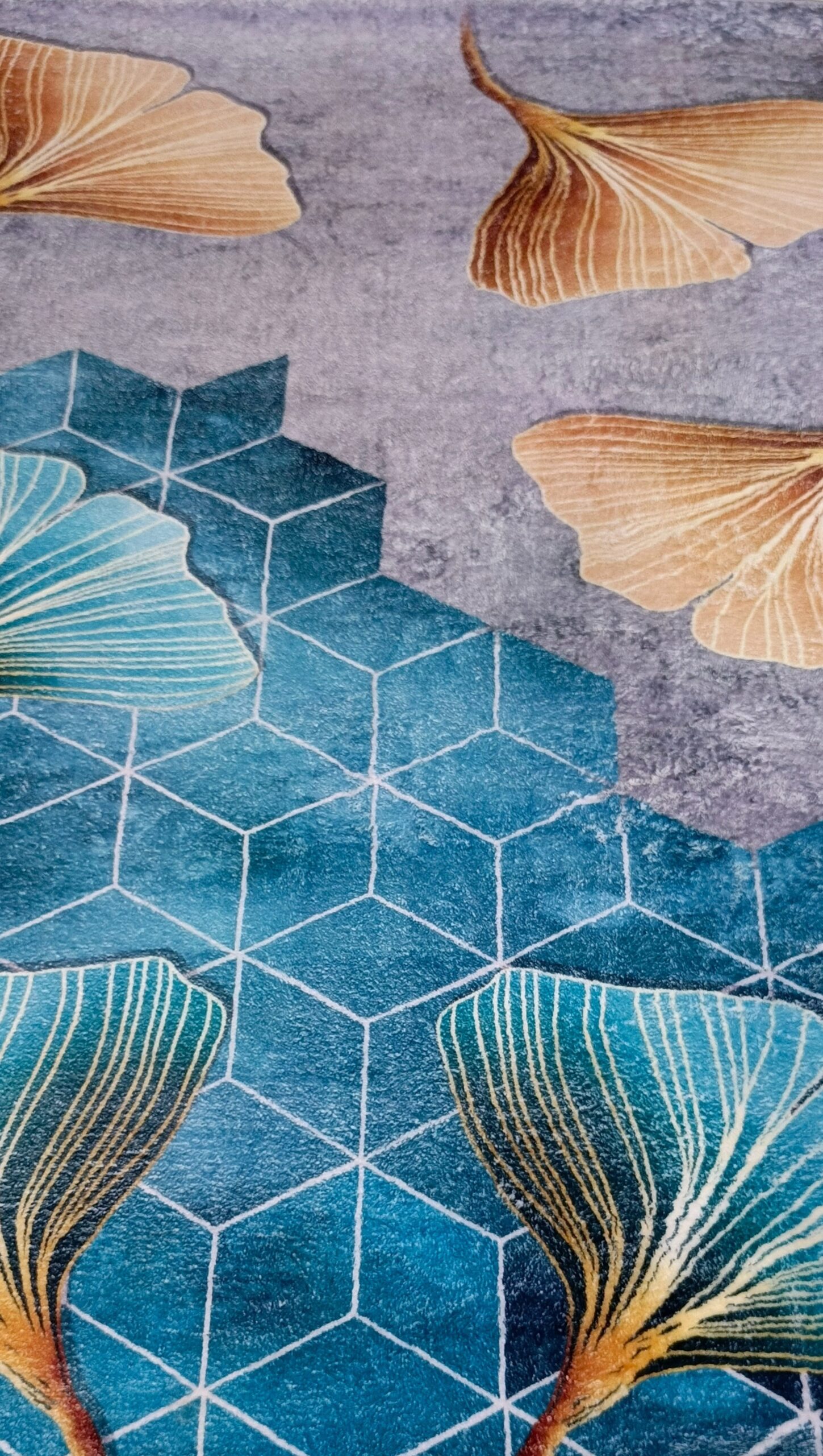 Botanic Grace - Blue & Gold Leaf Rug with Hexagon Art