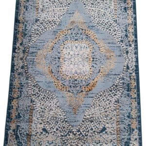 Vintage Persian Style Rug – Blue & Gold Ornate Medallion Design