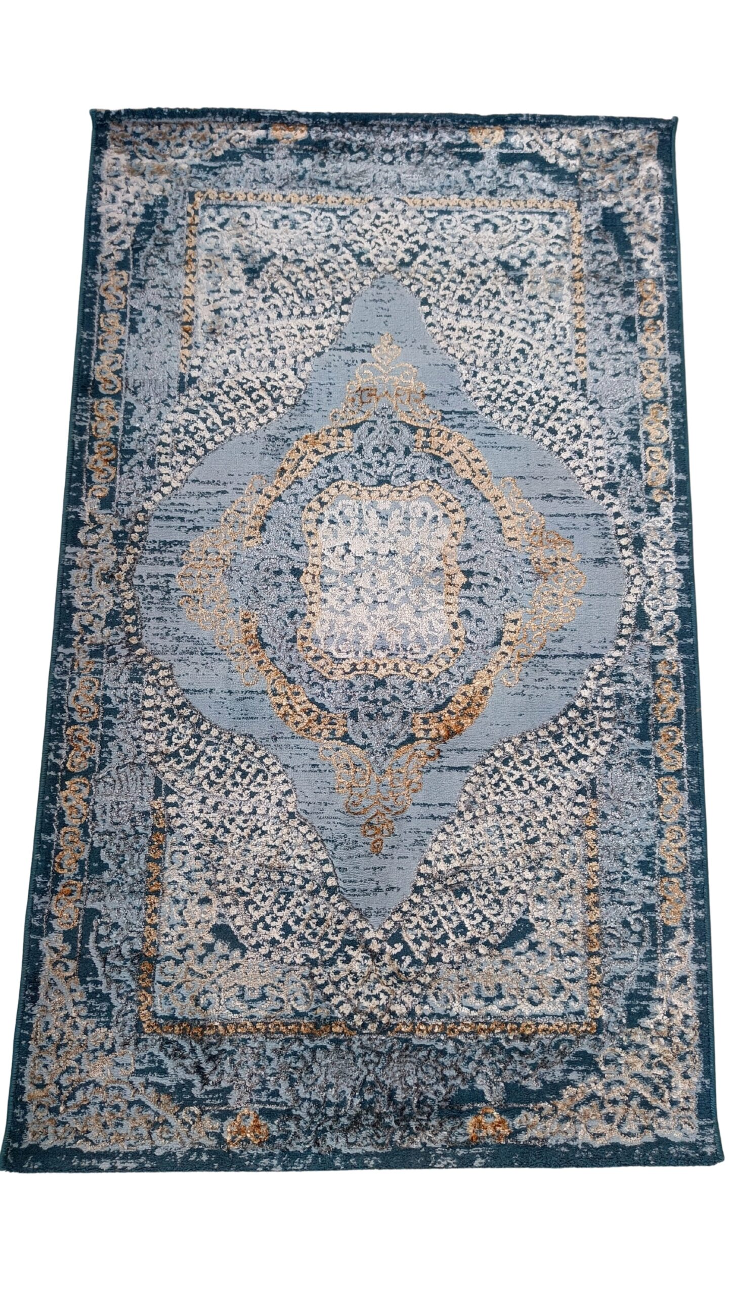 Vintage Persian Style Rug – Blue & Gold Ornate Medallion Design