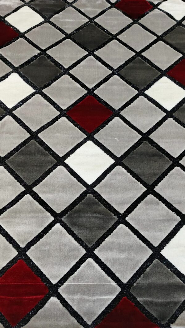 Ruby Grid Luxe Rug – Silver, Grey & Red Squares on Black Outline