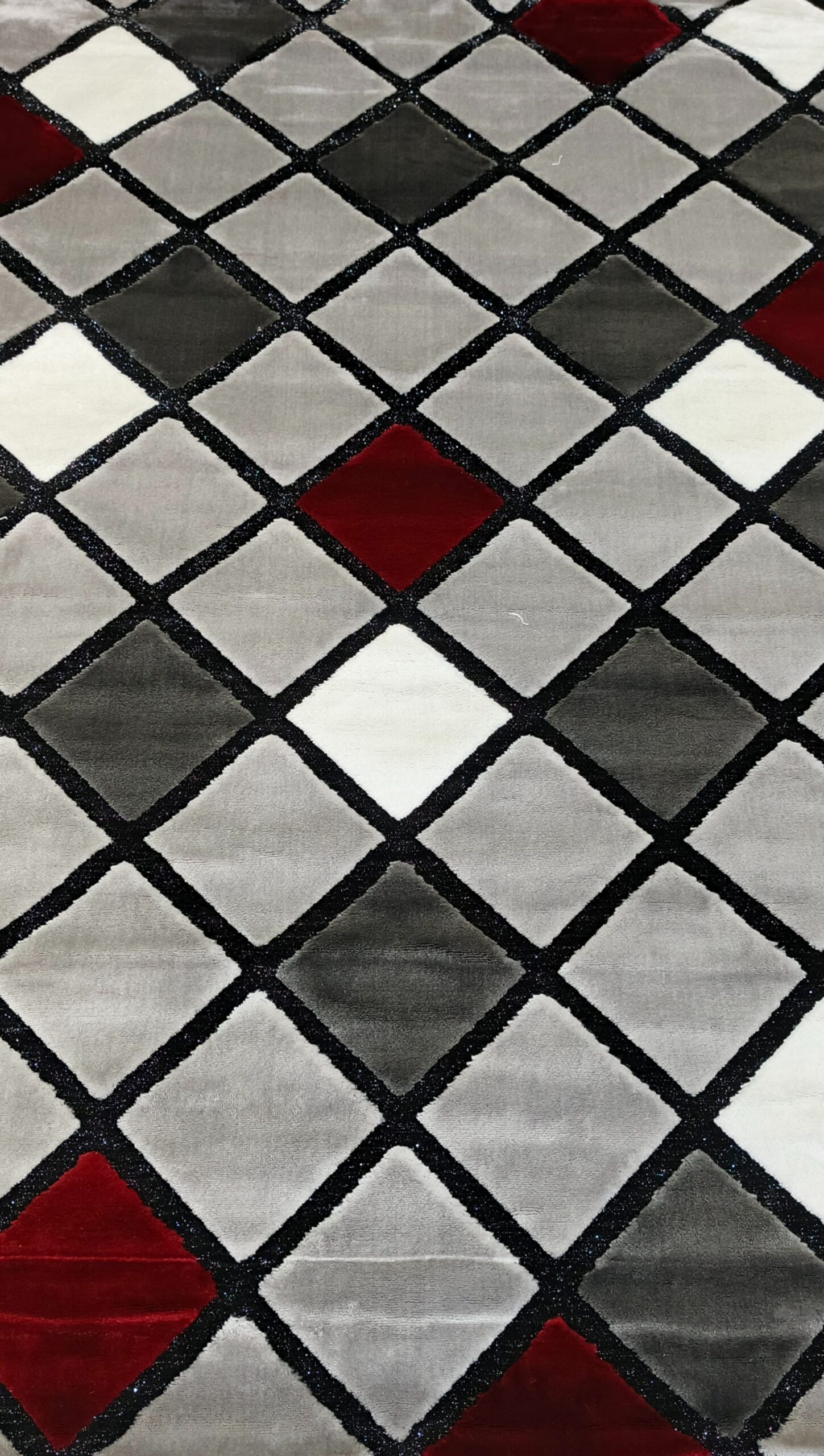 Ruby Grid Luxe Rug – Silver, Grey & Red Squares on Black Outline