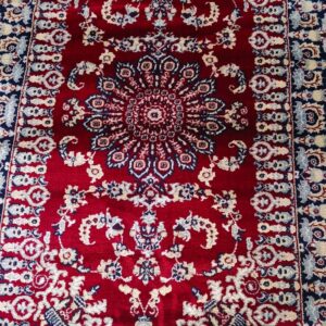 Classic Red Persian Rug with Floral Motifs & Navy Border
