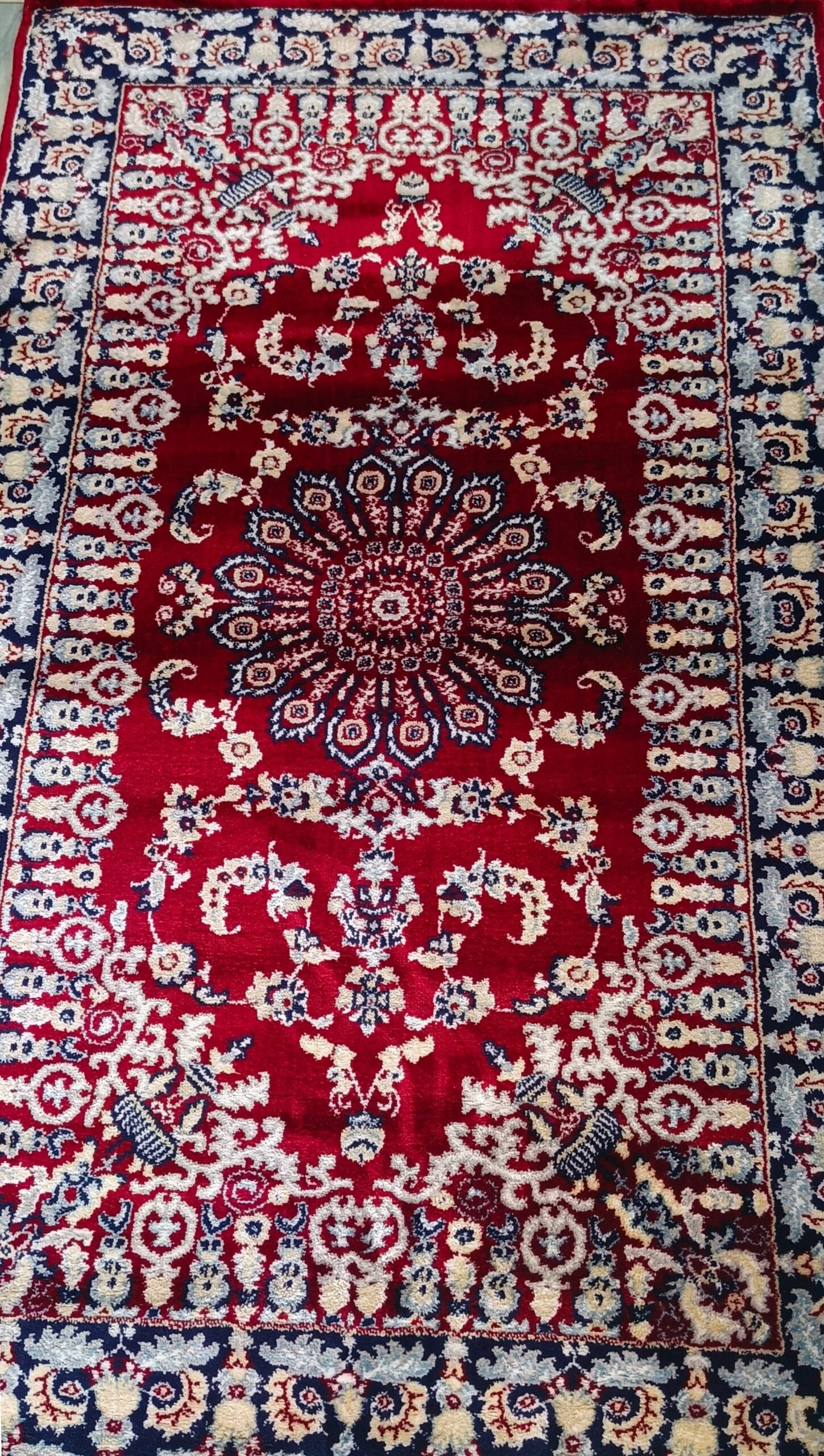 Classic Red Persian Rug with Floral Motifs & Navy Border