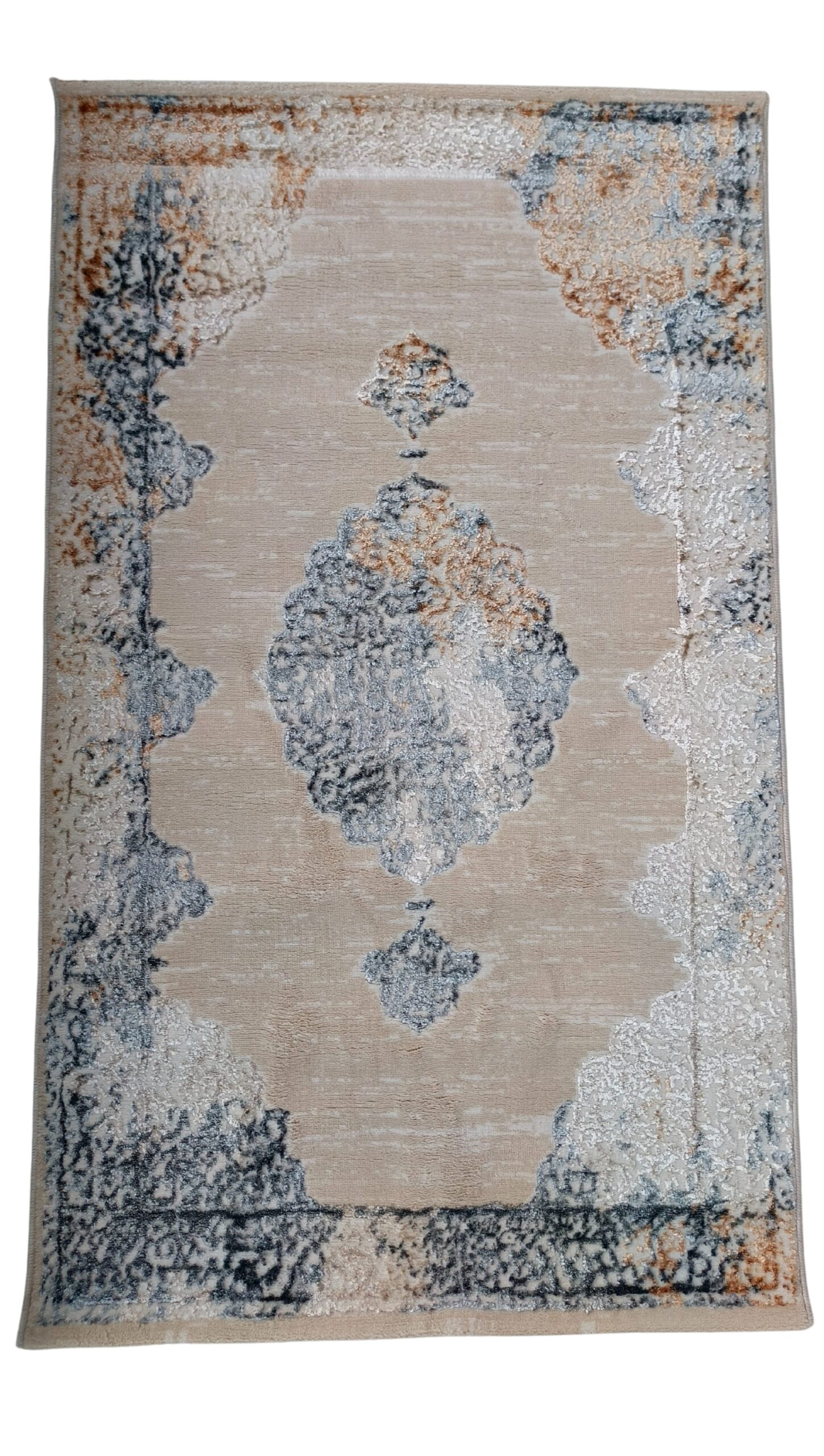 3D Shiny Vintage Carpet – Beige & Grey Medallion Design, Dual-View Luxury Rug