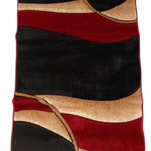 Adnan Luxury Wave Pattern Runner Rug 2.5x5ft – Bold Black, Red & Gold for a Striking Look