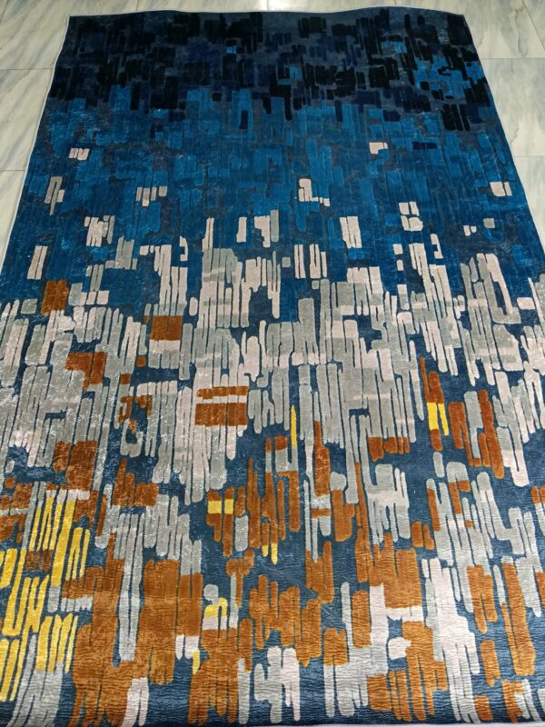 Midnight Cascade – Abstract 6x9 Ft Rug in Blue, Gold & Grey Tones - Image 2