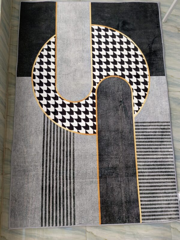 Modern Black & White Monochrome Rug – Geometric Design with Gold Accents - Image 2