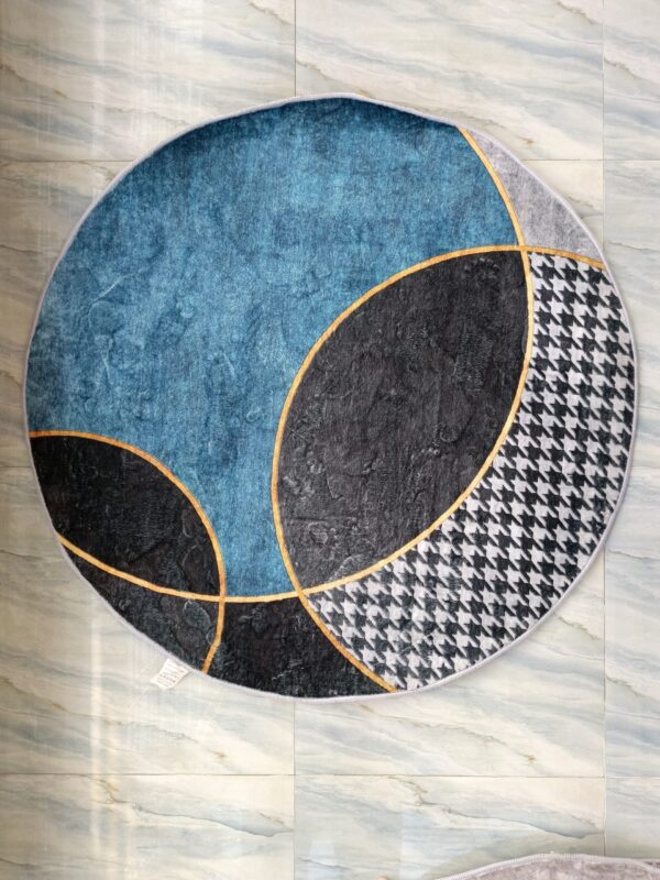 Modern Grey & Blue Round Rug – Geometric Art with Contemporary Gold Accents - Image 4