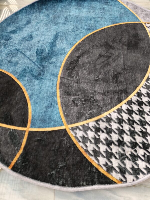 Modern Grey & Blue Round Rug – Geometric Art with Contemporary Gold Accents - Image 2