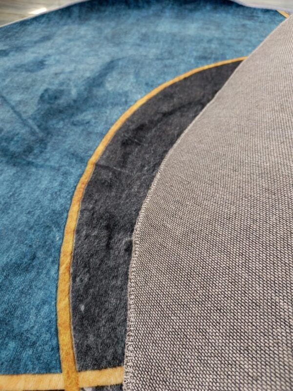 Modern Grey & Blue Round Rug – Geometric Art with Contemporary Gold Accents - Image 3