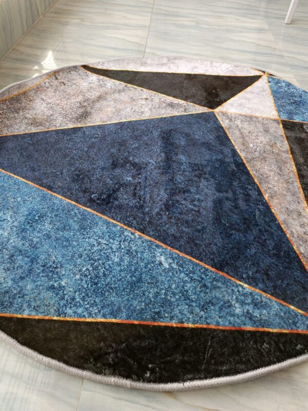 Modern Geometric Round Rug – Blue & Grey with Gold Accents - Image 2