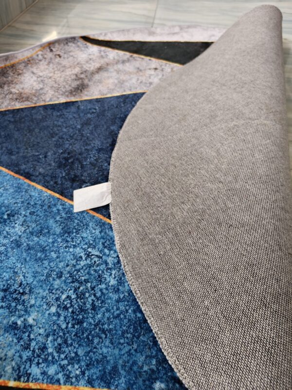 Modern Geometric Round Rug – Blue & Grey with Gold Accents - Image 3