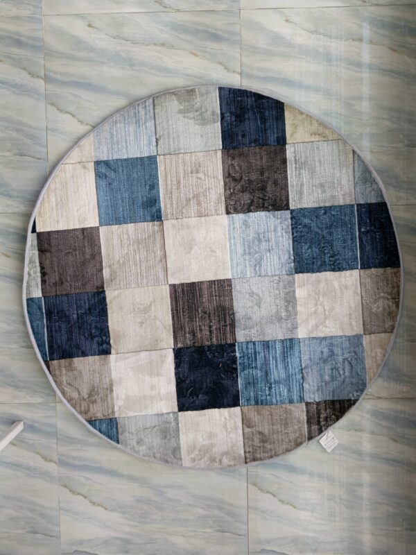 Modern Checkered Round Rug – Blue, Grey & Beige Patchwork Floor Mat - Image 5