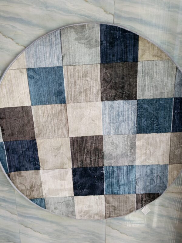 Modern Checkered Round Rug – Blue, Grey & Beige Patchwork Floor Mat - Image 3