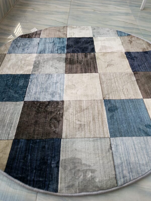 Modern Checkered Round Rug – Blue, Grey & Beige Patchwork Floor Mat - Image 2