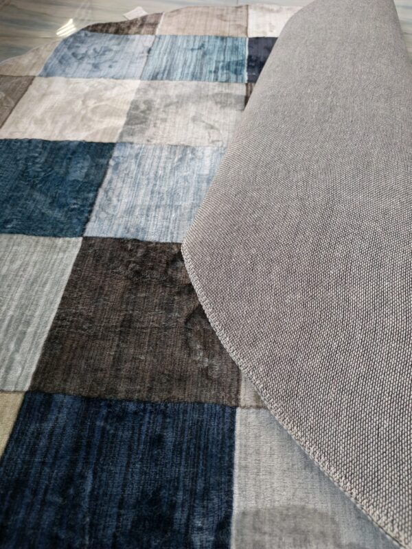 Modern Checkered Round Rug – Blue, Grey & Beige Patchwork Floor Mat - Image 4
