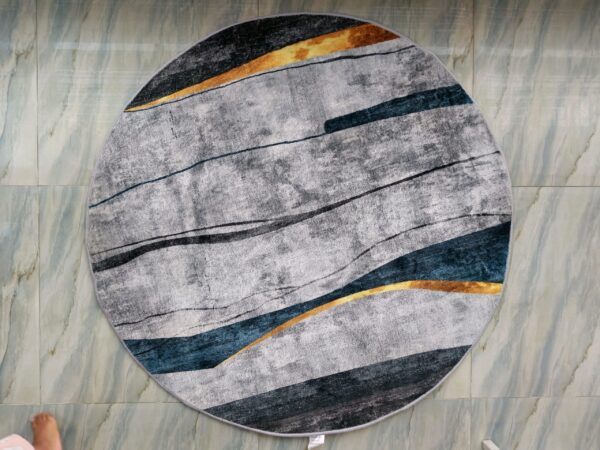 Modern Abstract Round Rug – Grey, Blue & Gold Wave Design Floor Mat - Image 2