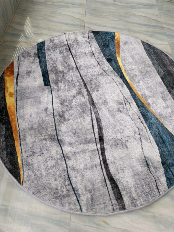 Modern Abstract Round Rug – Grey, Blue & Gold Wave Design Floor Mat - Image 3