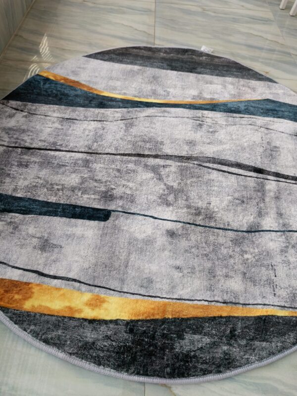 Modern Abstract Round Rug – Grey, Blue & Gold Wave Design Floor Mat - Image 4