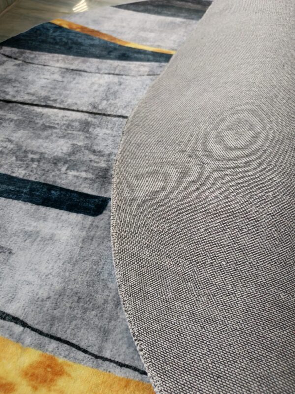 Modern Abstract Round Rug – Grey, Blue & Gold Wave Design Floor Mat - Image 5