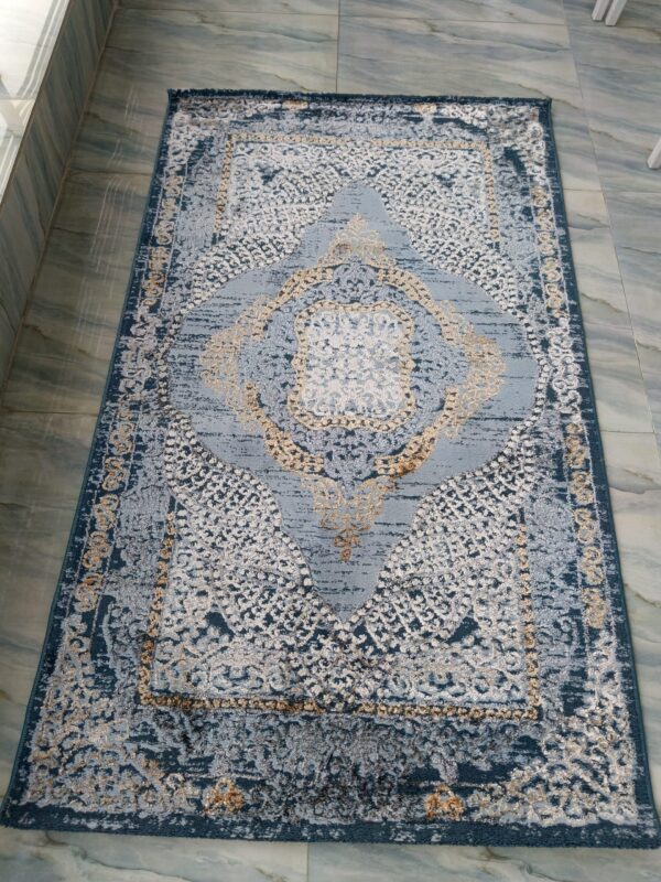 Vintage Persian Style Rug – Blue & Gold Ornate Medallion Design - Image 3