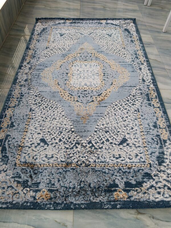 Vintage Persian Style Rug – Blue & Gold Ornate Medallion Design - Image 5