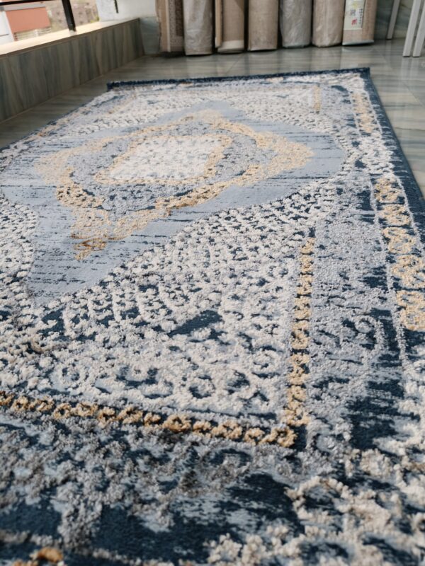 Vintage Persian Style Rug – Blue & Gold Ornate Medallion Design - Image 2