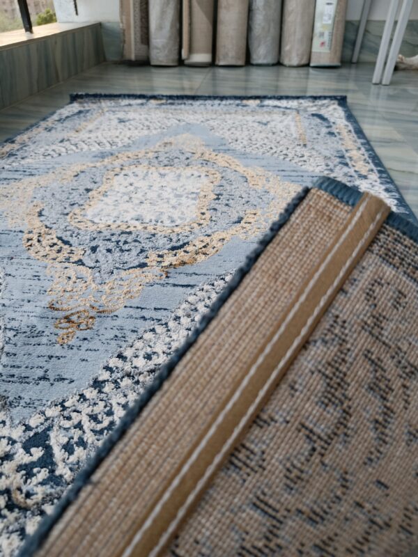 Vintage Persian Style Rug – Blue & Gold Ornate Medallion Design - Image 4