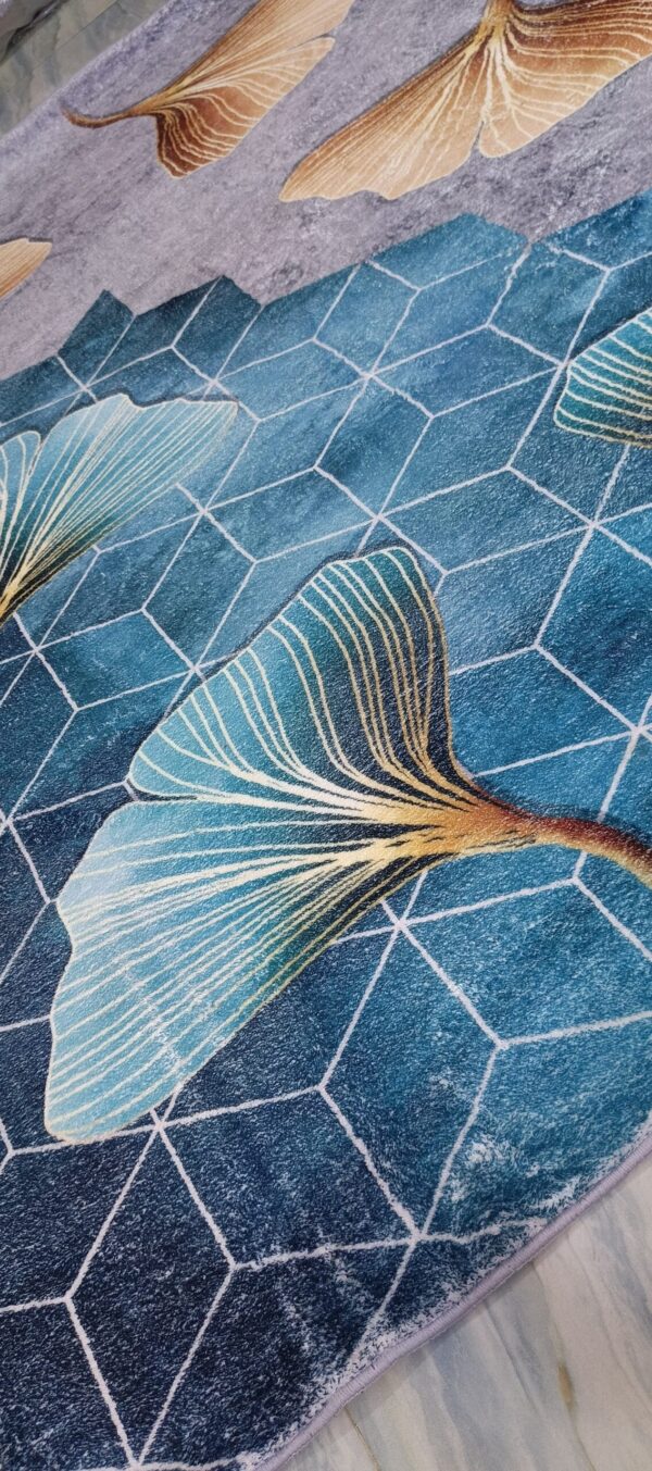 Botanic Grace - Blue & Gold Leaf Rug with Hexagon Art - Image 3