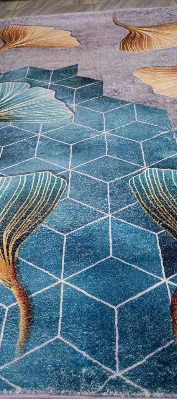 Botanic Grace - Blue & Gold Leaf Rug with Hexagon Art - Image 4