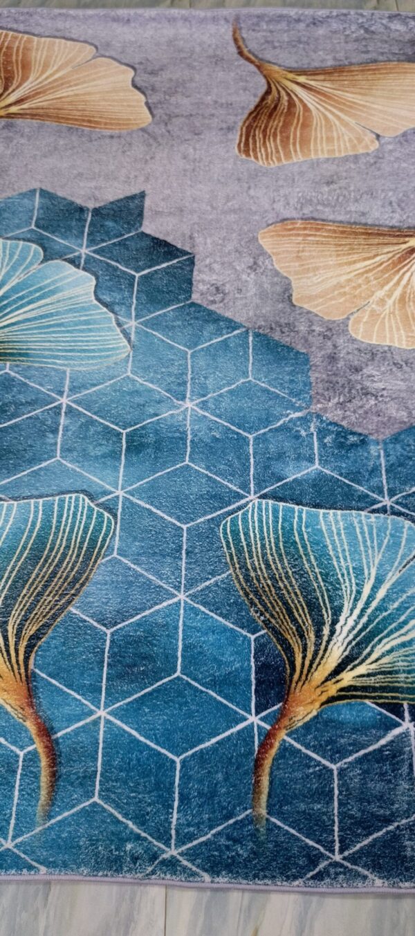 Botanic Grace - Blue & Gold Leaf Rug with Hexagon Art - Image 5