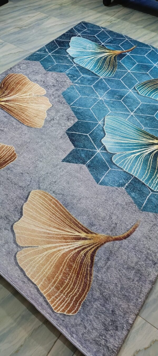 Botanic Grace - Blue & Gold Leaf Rug with Hexagon Art - Image 6